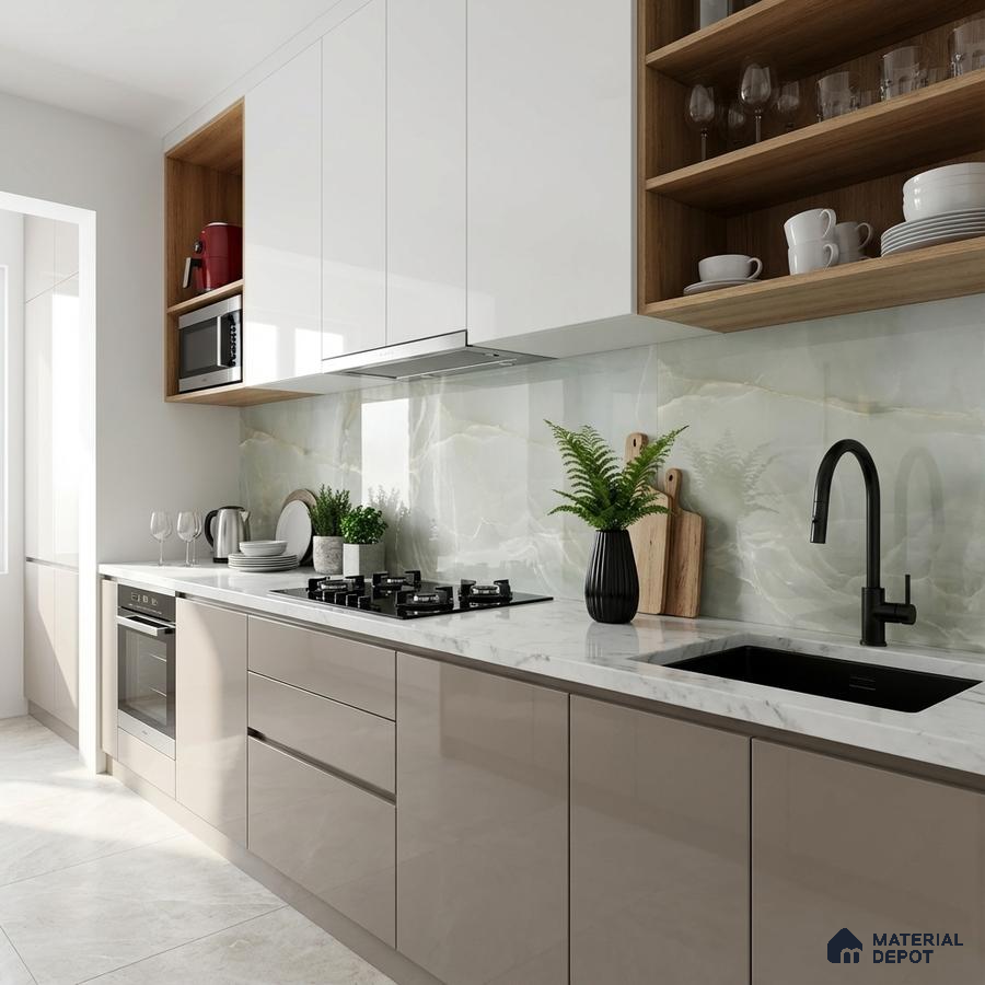 Modern kitchen with glossy beige and white laminate, marble-look backsplash tile, and white quartz countertop