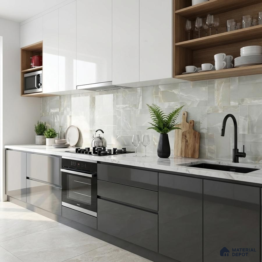 Modern kitchen with glossy grey and white laminate, marble-look backsplash tile, and white quartz countertop
