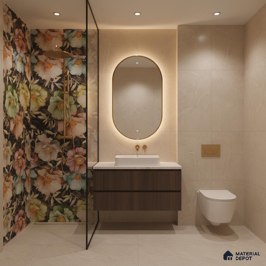 Modern bathroom with floral highlighter wall tiles, beige marble-look tiles, and floating wood vanity