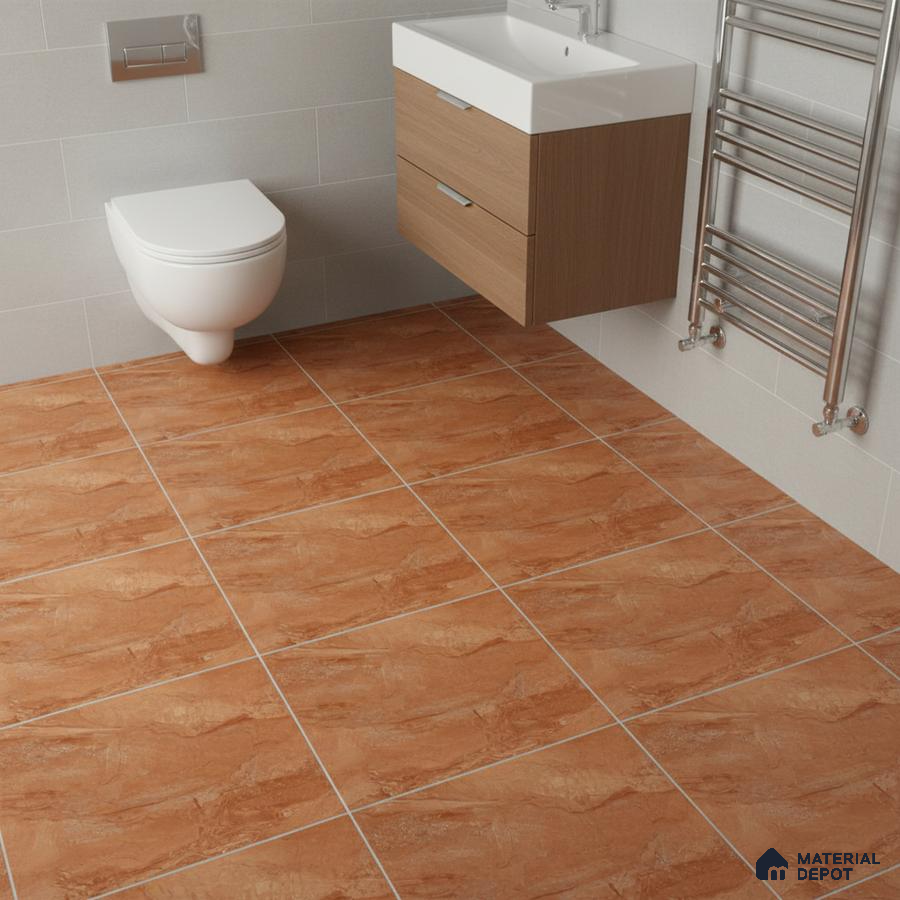 Modern bathroom with terracotta marble-look floor tiles and light grey wall tiles