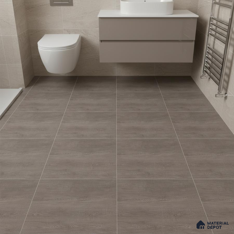 Modern bathroom with taupe wood-look floor tiles and beige stone wall tiles