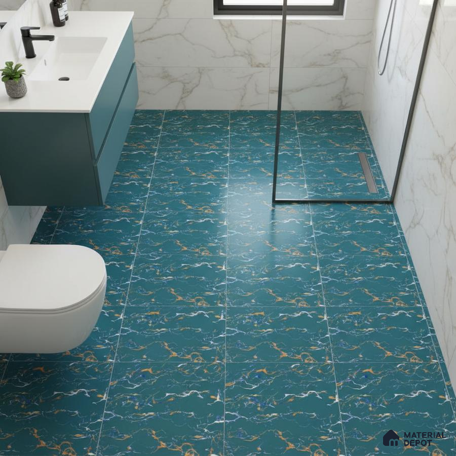 Modern bathroom with teal marble-look floor tiles and white marble wall tiles