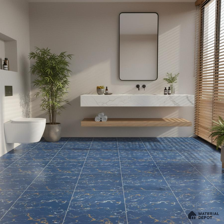 Modern bathroom with blue marble-look floor tiles and white marble floating vanity