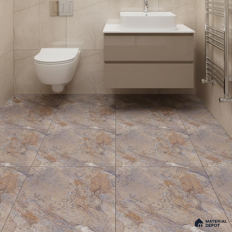 Modern bathroom with beige marble wall tiles and rustic stone-look floor tiles