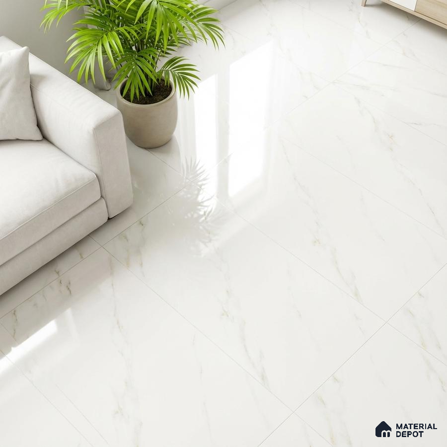 Minimalist living room with glossy white marble-look floor tiles