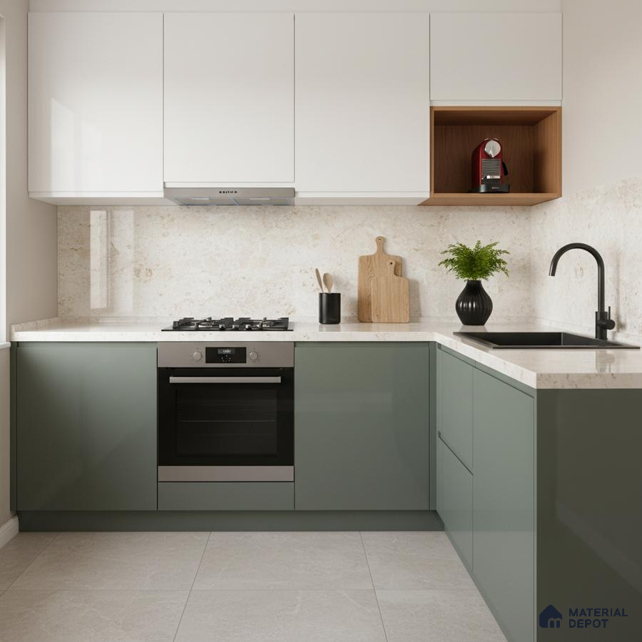 Modern kitchen with sage green and white laminate, marble-look backsplash, and quartz countertop