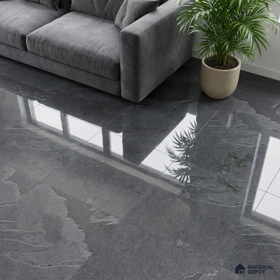 Modern living room with grey polished stone-look floor tiles and grey suede sofa