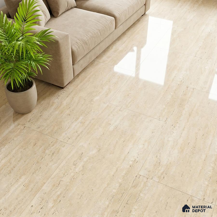 Modern living room with beige travertine-look polished floor tiles and neutral sofa