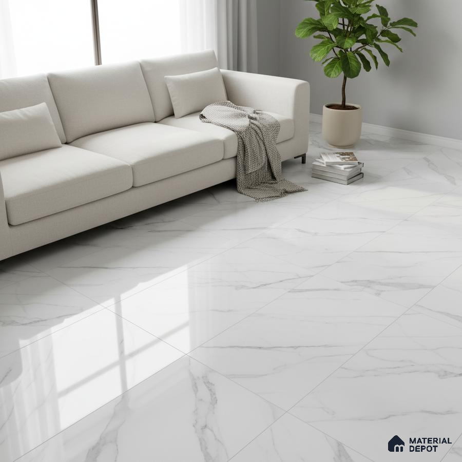 Minimalist living room with white marble-look floor tiles and beige fabric sofa