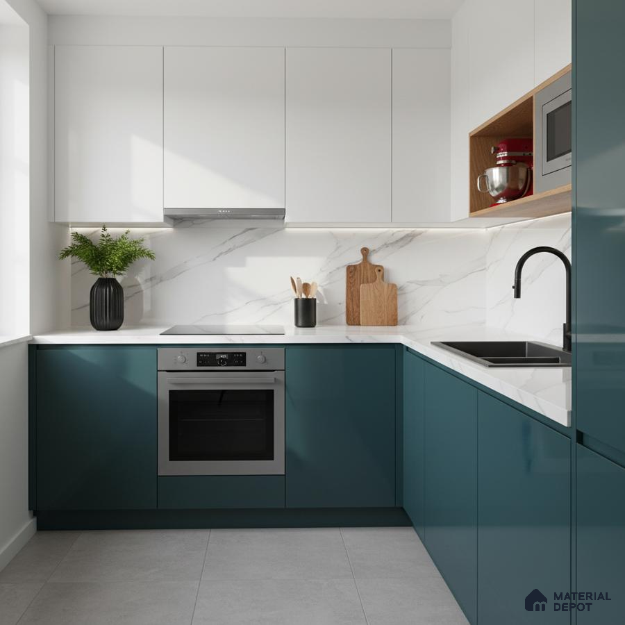 Modern dual tone kitchen with teal blue laminate, frosty white laminate, and marble-look backsplash