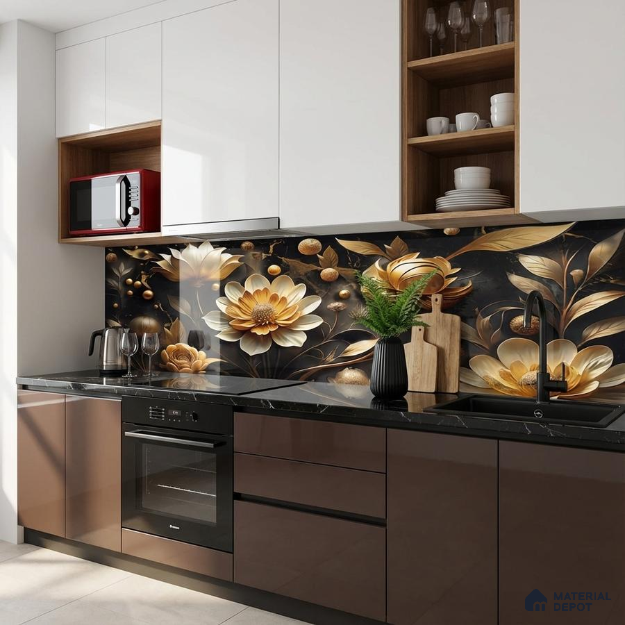 Modern kitchen with floral highlighter backsplash tile, glossy brown laminate, and black quartz countertop