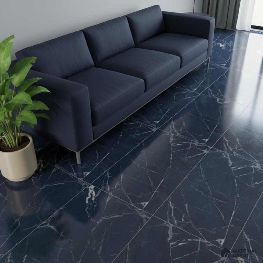 Modern living room with navy blue marble floor tiles and navy fabric sofa