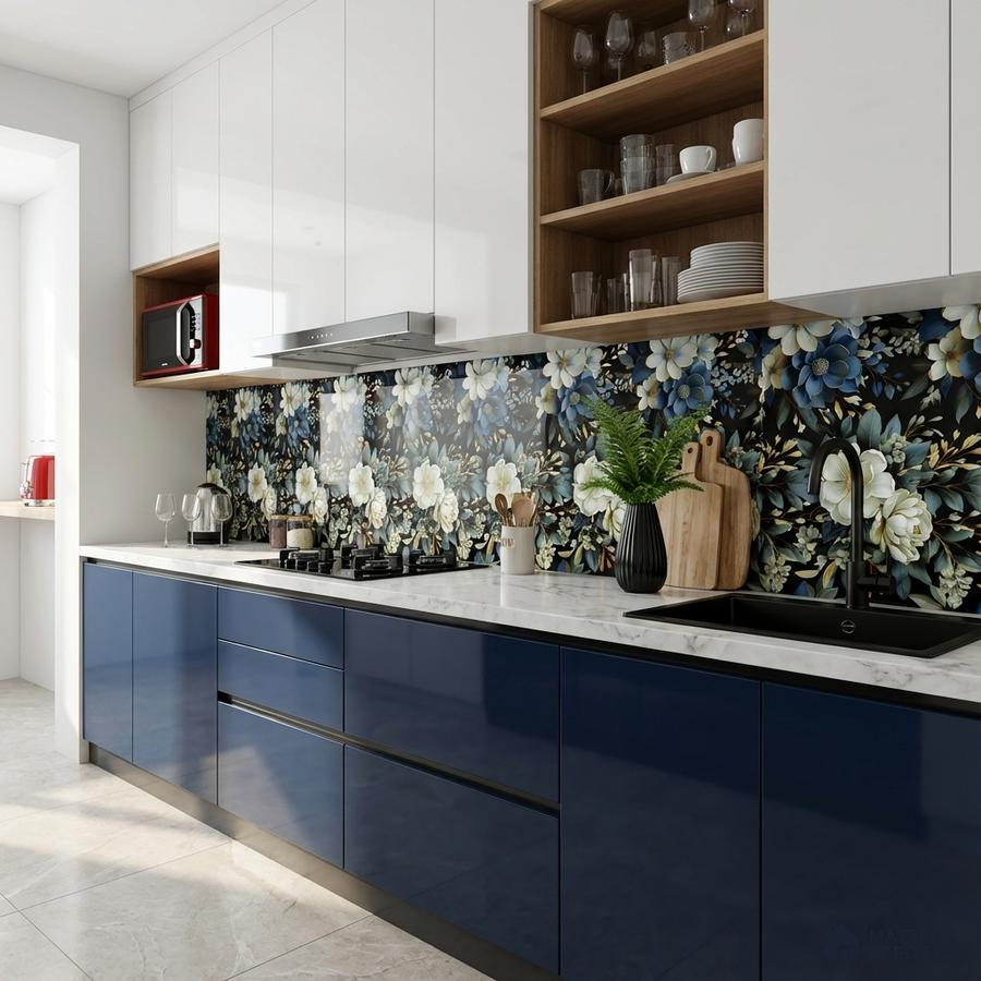 Modern kitchen with navy blue high gloss laminate, white quartz countertop, and floral patterned backsplash tile