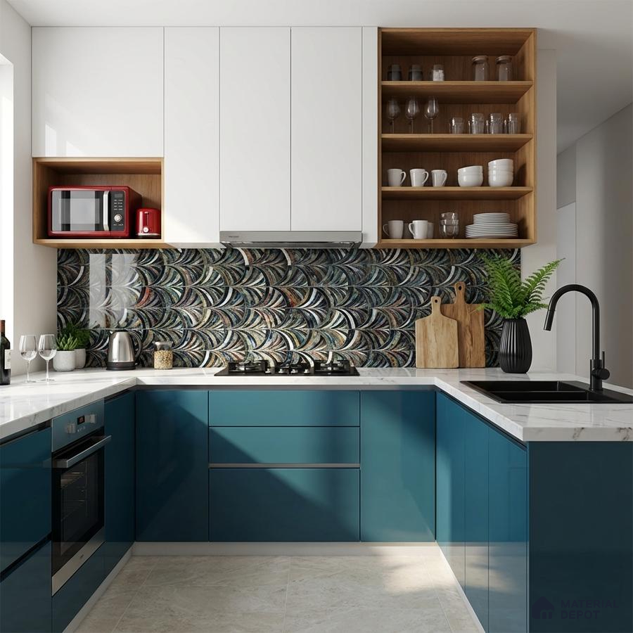 Modern kitchen with teal blue high gloss laminate, white quartz countertop, and patterned backsplash tile