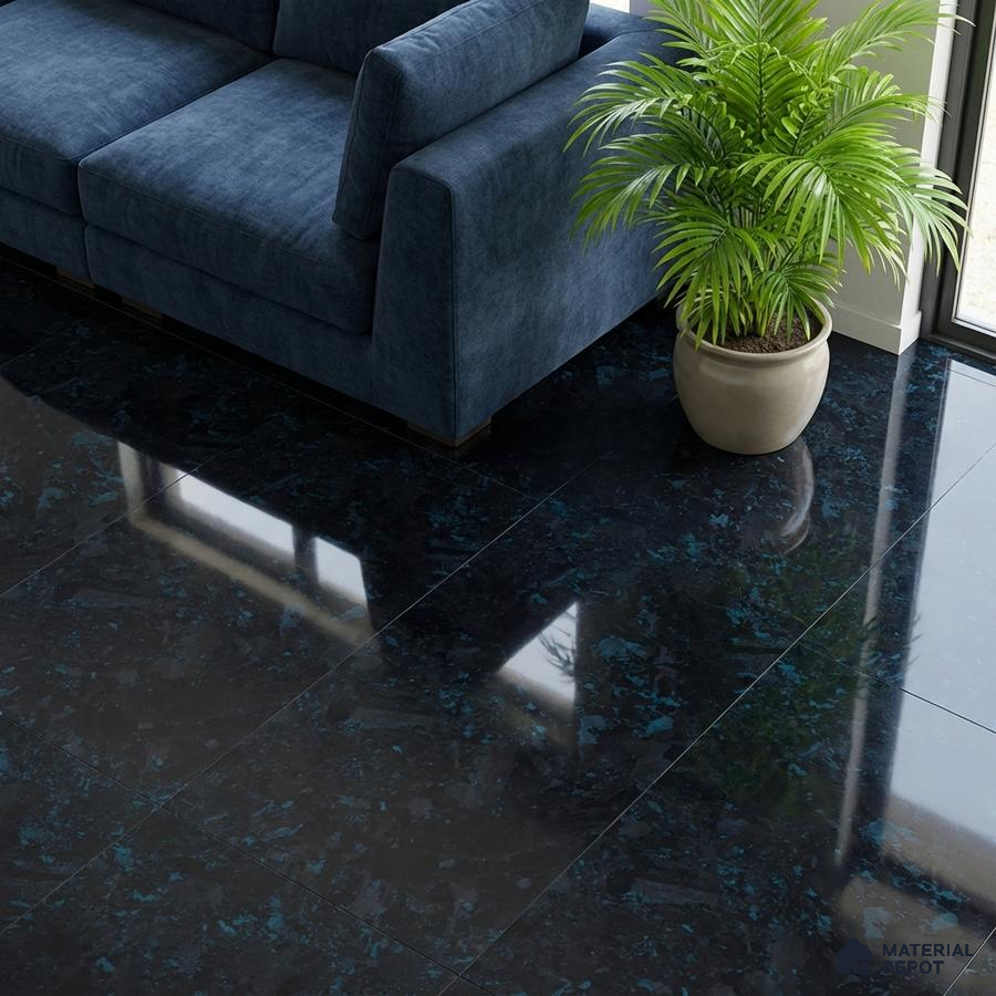 Modern living room with blue velvet sofa and glossy black marble floor tiles