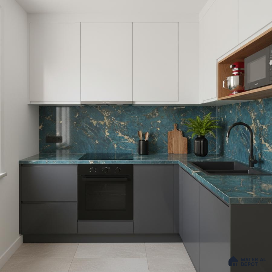 Modern kitchen with teal marble-look countertop and backsplash, white and grey laminate cabinets