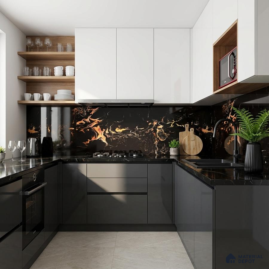 Modern kitchen with black marble-look backsplash, glossy grey and white laminate cabinets