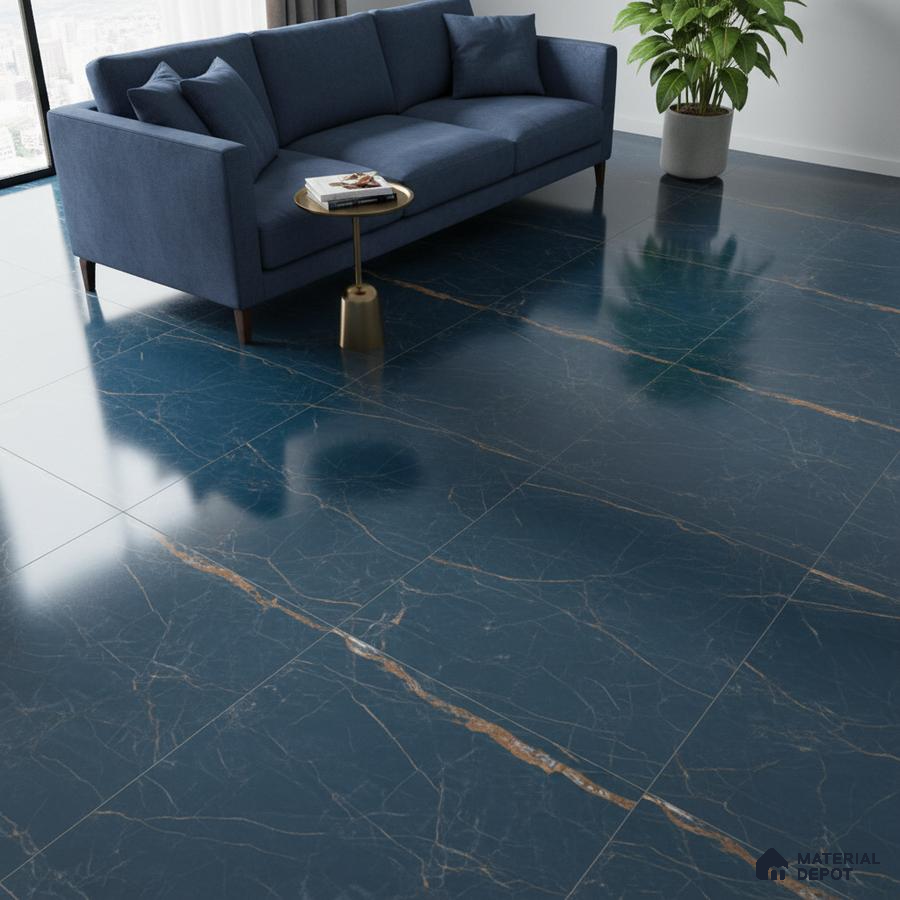Modern living room with blue marble-look floor tiles and navy blue fabric sofa