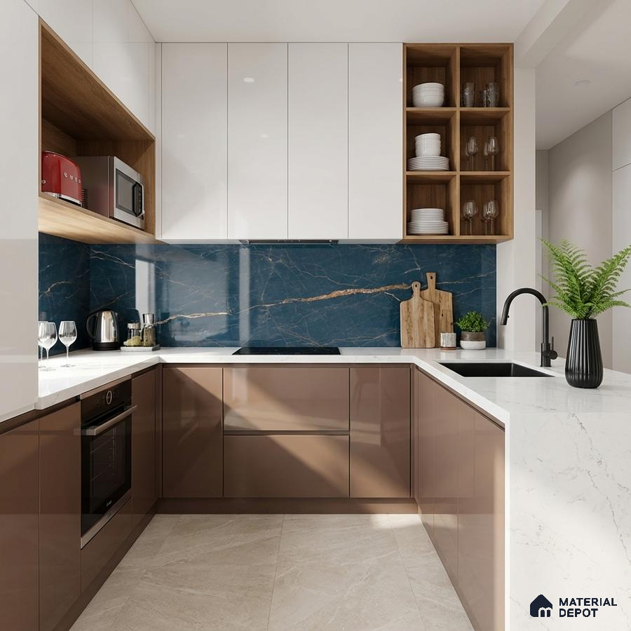 Modern U-shaped kitchen with glossy brown and white laminate, blue marble-look backsplash, and white quartz countertop