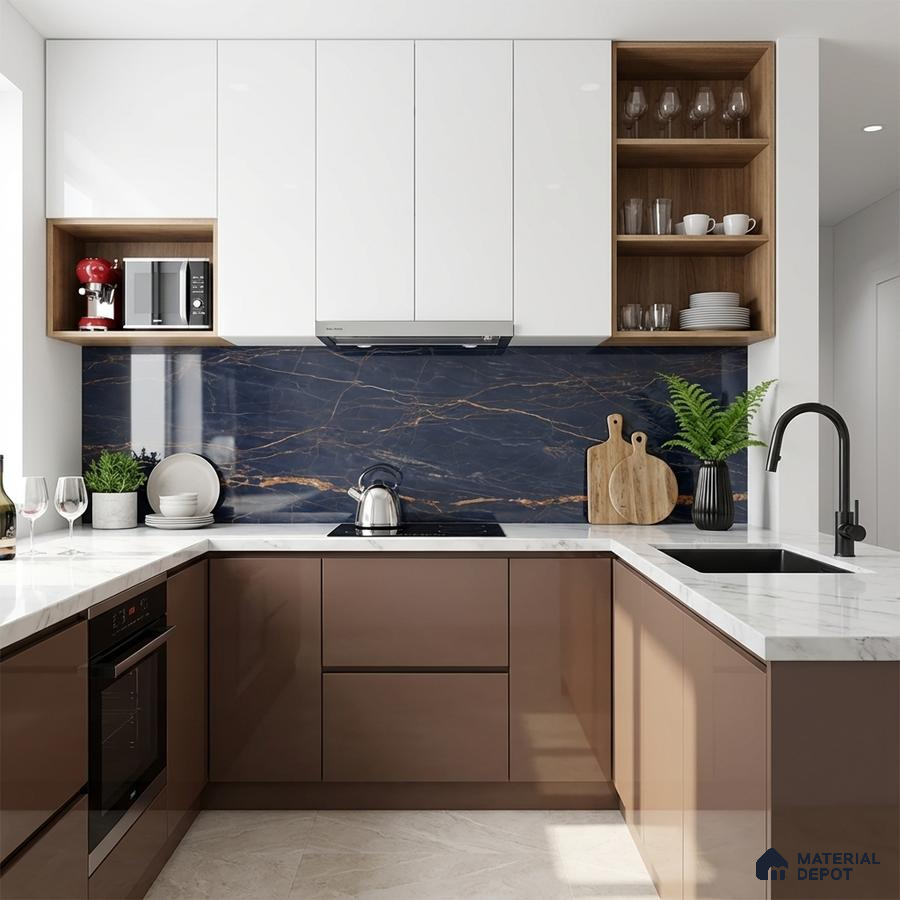 Modern dual tone kitchen with glossy brown laminate, frosty white laminate, and navy marble-look backsplash tile