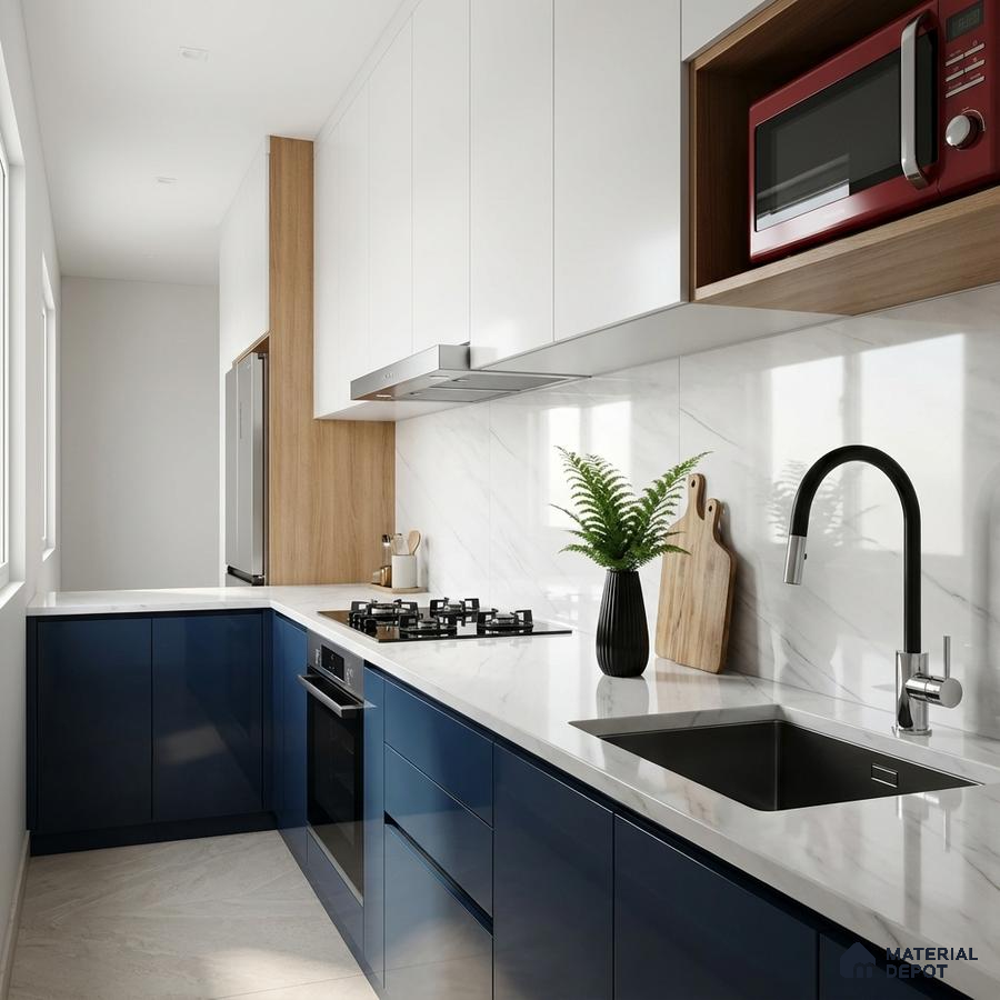 Modern dual tone kitchen with navy blue high gloss laminate, frosty white laminate, and white marble backsplash
