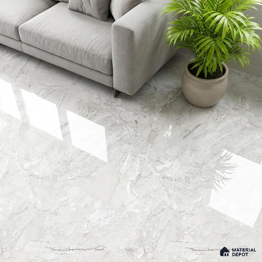 Modern living room with glossy marble-look floor tiles and light grey fabric sofa