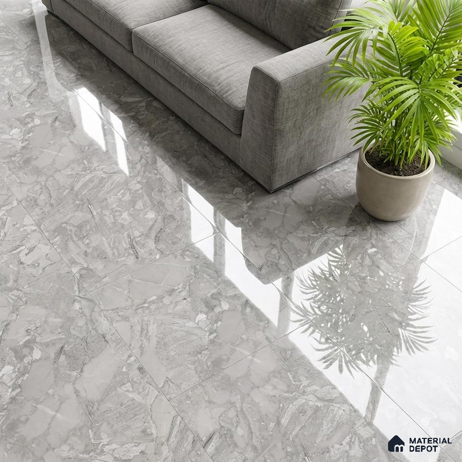 Modern living room with grey marble-look glossy floor tiles and grey fabric sofa