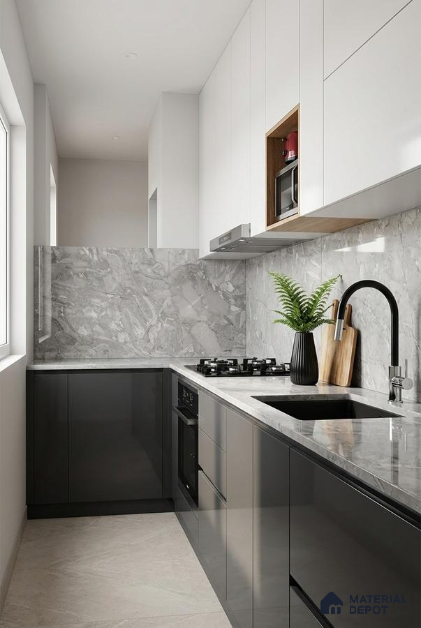 Modern kitchen with grey marble backsplash, white and charcoal high gloss laminate cabinets
