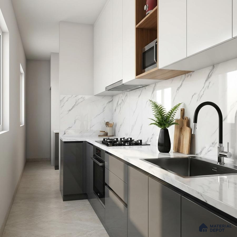 Modern parallel kitchen with white marble-look laminate, glossy grey laminate, and marble backsplash