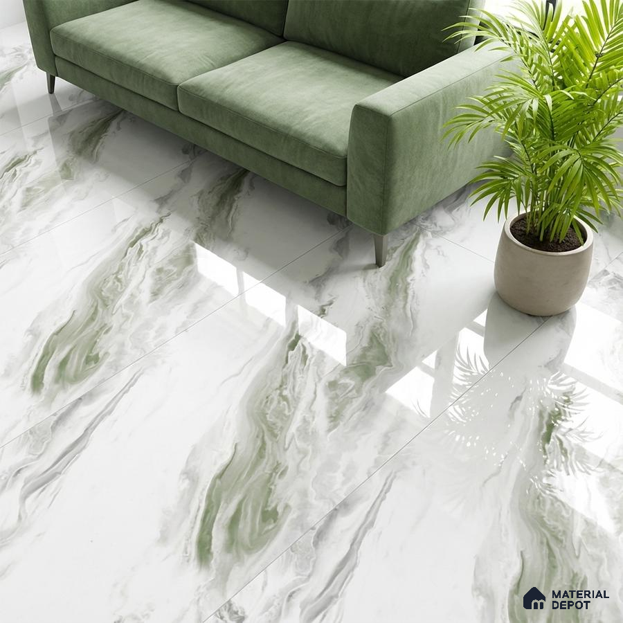 Modern living room with green marble-look glossy floor tiles and sage green fabric sofa