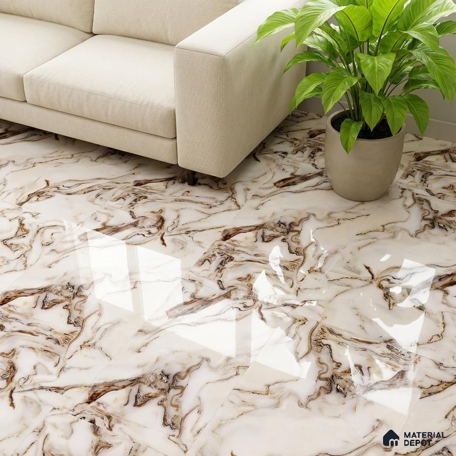 Modern living room with glossy marble-look floor tiles and beige sofa