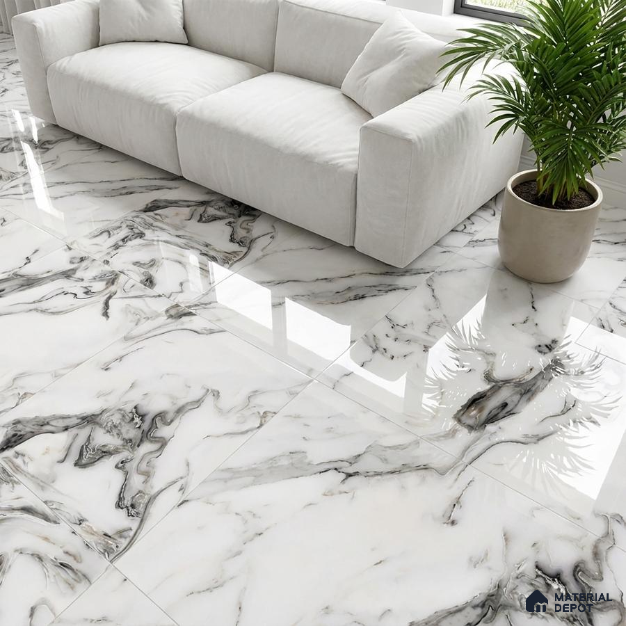 Modern living room with glossy white marble floor tiles and neutral fabric sofa