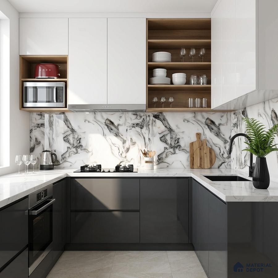 Modern kitchen with white marble-look backsplash, glossy grey and white laminate cabinets, and white quartz countertop