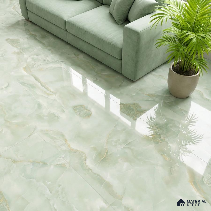 Modern living room with mint green marble-look glossy floor tiles and pastel green fabric sofa