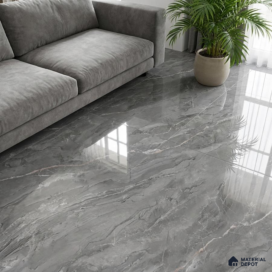 Modern living room with grey marble-look polished floor tiles and suede grey sofa