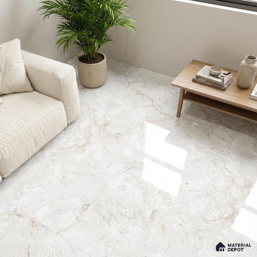 Minimalist living room with glossy white marble floor tiles and beige sofa