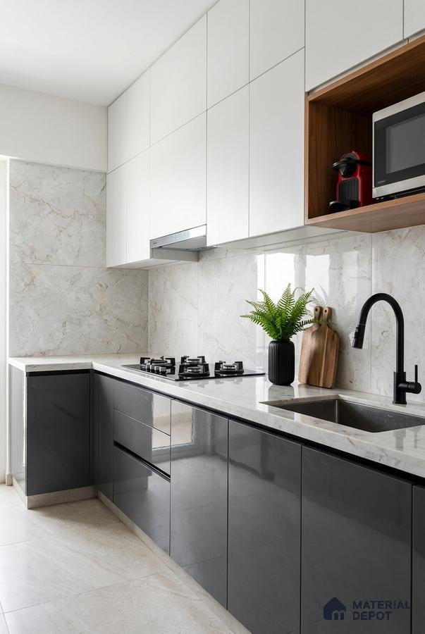 Modern dual tone kitchen with white marble-look backsplash, glossy grey and white laminate cabinets, and quartz countertop