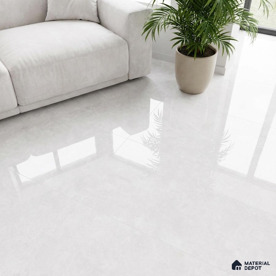 Minimalist living room with glossy white marble-look floor tiles and off-white fabric sofa