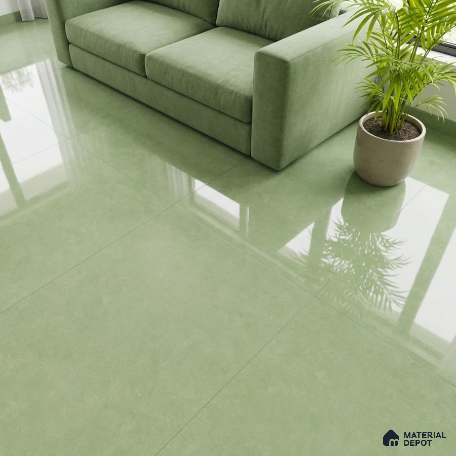 Minimalist living room with sage green sofa and glossy sage green floor tiles