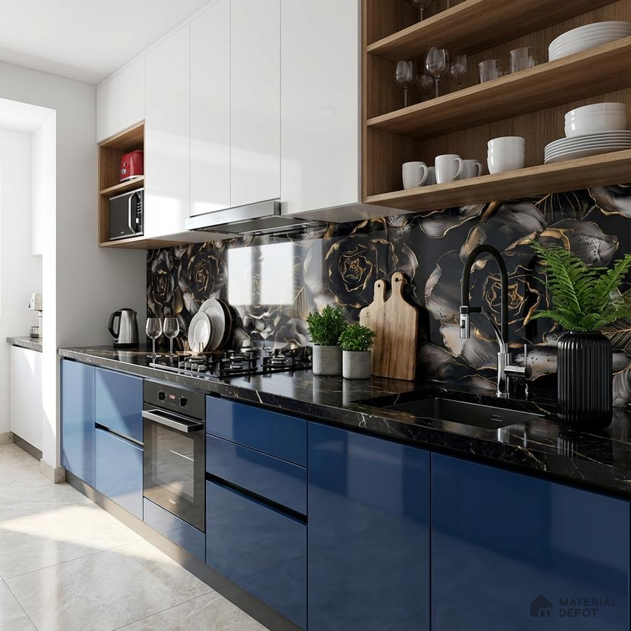 Modern kitchen with blue high gloss laminate, black quartz countertop, and floral patterned backsplash tile