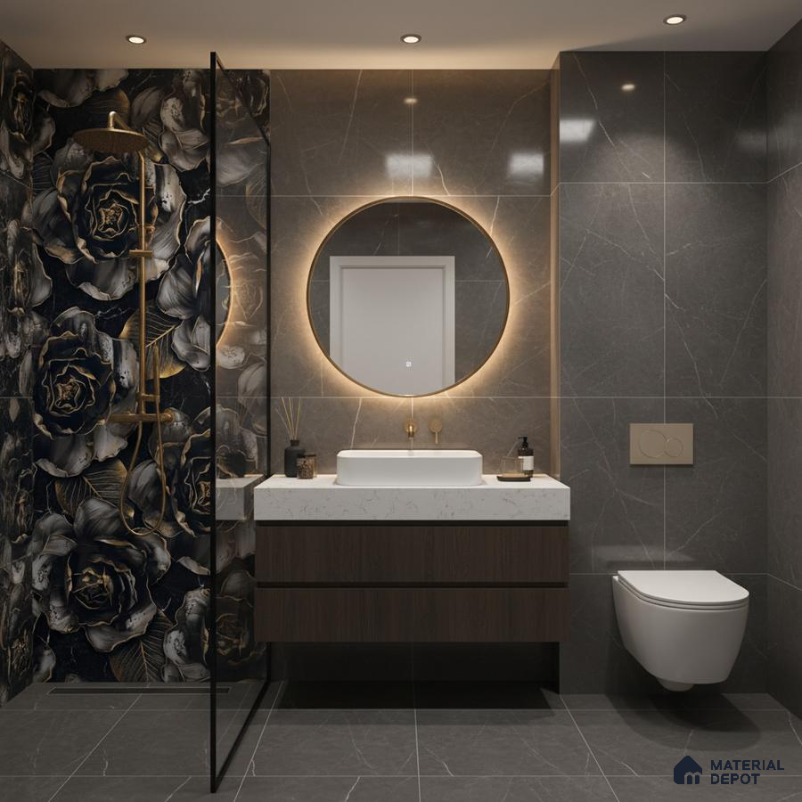 Modern bathroom with dark floral highlighter wall tile, grey marble wall tiles, and white quartz countertop