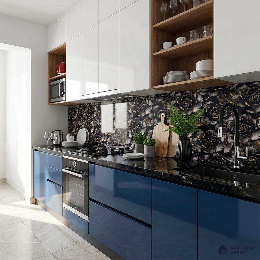 Modern kitchen with blue high gloss laminate, floral patterned backsplash tile, and black quartz countertop