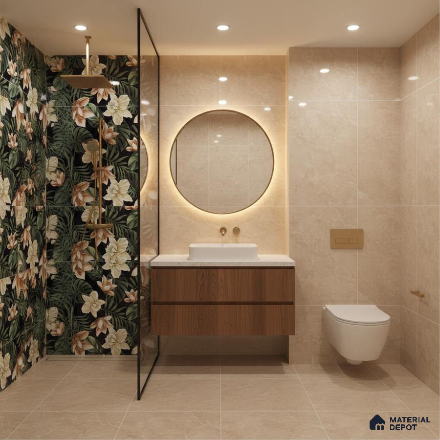 Modern bathroom with floral tropical highlighter wall tiles, beige marble-look tiles, and wooden floating vanity