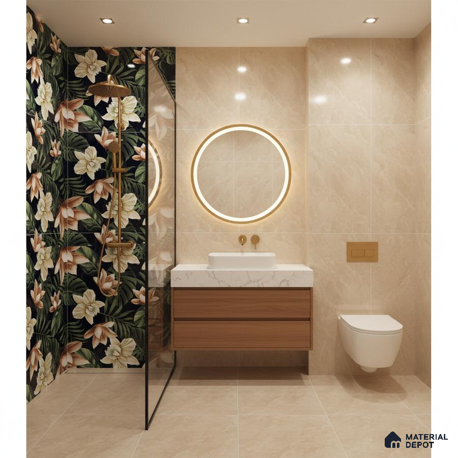 Modern bathroom with floral highlighter wall tile, beige marble-look wall tile, and floating wood vanity