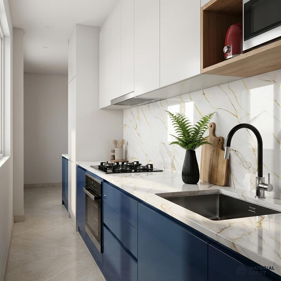 Modern parallel kitchen with blue high gloss laminate, white marble-look backsplash and countertop