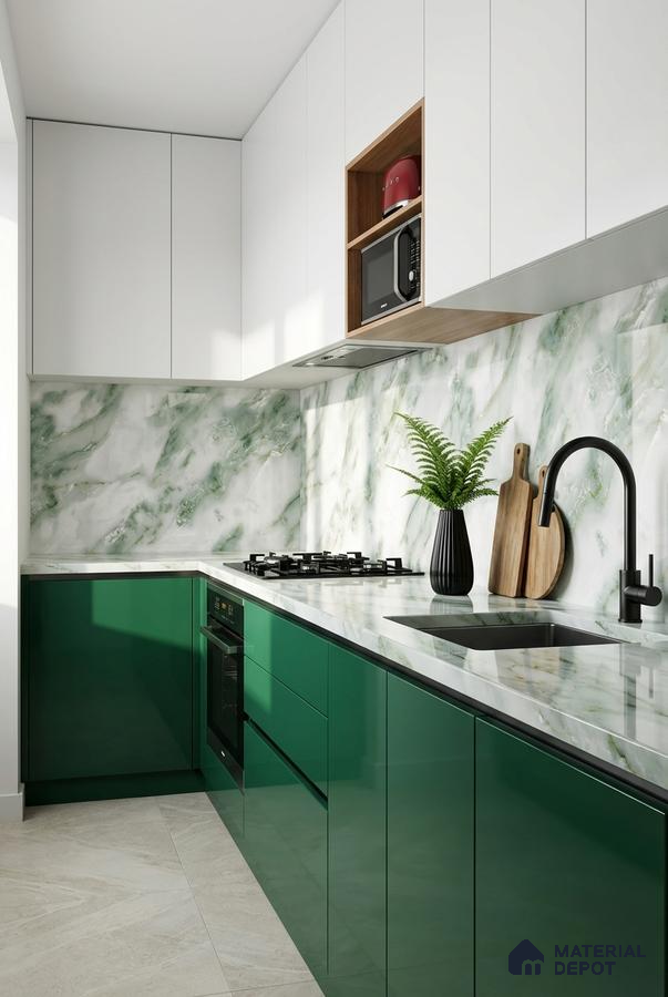 Modern kitchen with green high gloss laminate, white marble-look backsplash, and white upper cabinets
