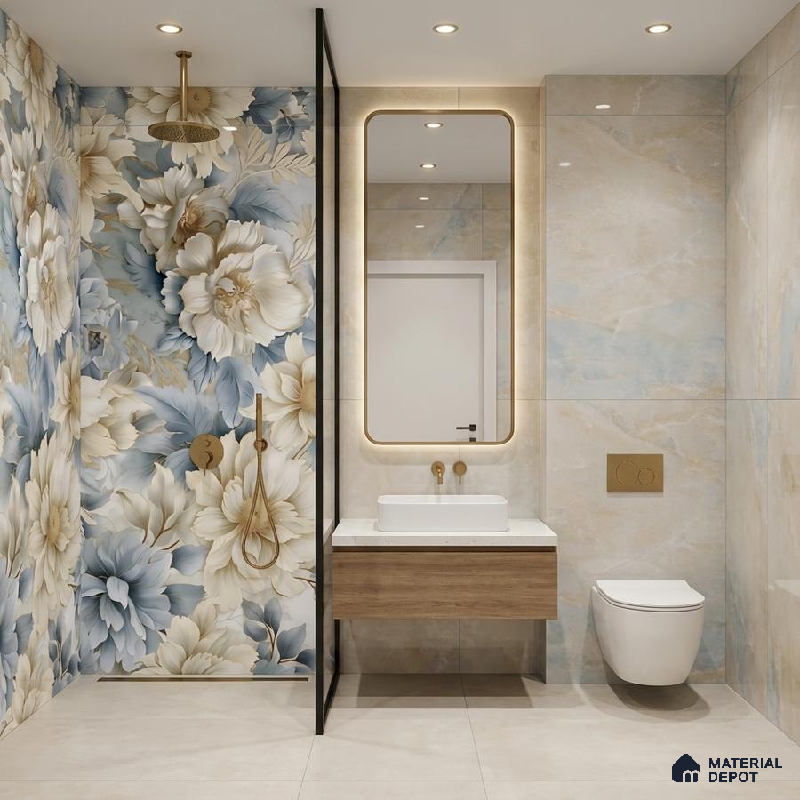 Modern bathroom with blue and beige floral highlighter wall tile and beige marble-look wall tiles