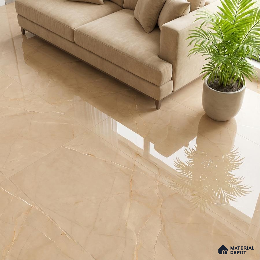 Modern living room with beige marble-look glossy floor tiles and neutral fabric sofa