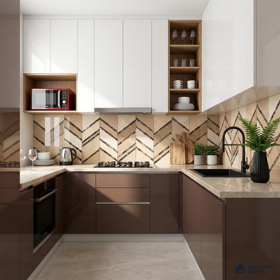 Modern U-shaped kitchen with glossy brown and white laminate, beige quartz countertop, and chevron patterned backsplash tile