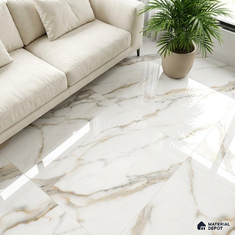 Modern living room with polished calacatta marble-look floor tiles and beige fabric sofa